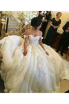 Robes de mariée 2024 sur l'épaule en tulle trapèze avec train de cour appliqué
