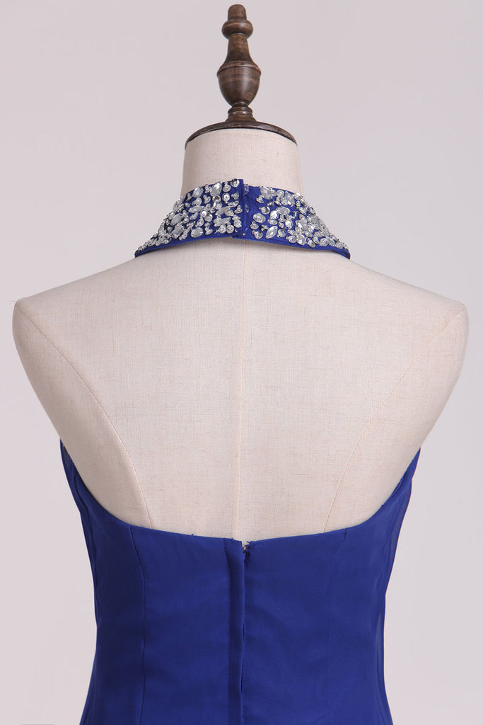 2022 Foncé Bleu Royal Halter robes de demoiselle en mousseline avec perles étage Longueur