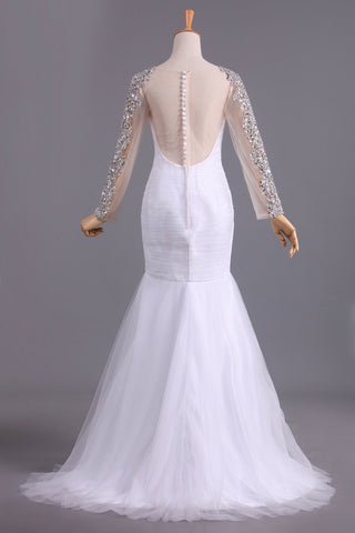 2024 robes de mariée Mermaid Scoop manches longues étage longueur Tulle avec perlage