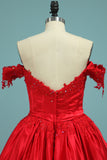 2024 robe de balle hors-la-épaule en satin avec appliques couleur rouge Fermeture à glissière Retour