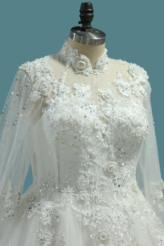 2024 robes de mariée de luxe col haut en tulle avec perles paillettes cristaux à lacets