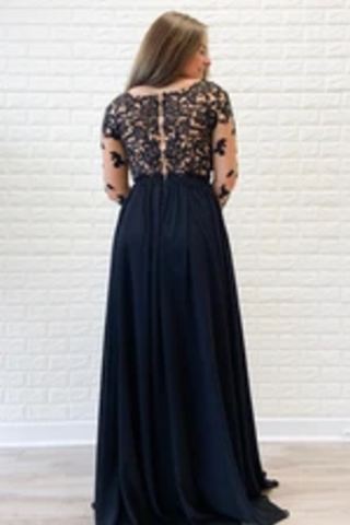 Manches longues robe formelle noire fendue haute en mousseline de soie sexy longue robe de bal appliques