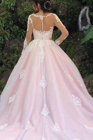 Robe de mariée rose princesse à manches longues avec appliques