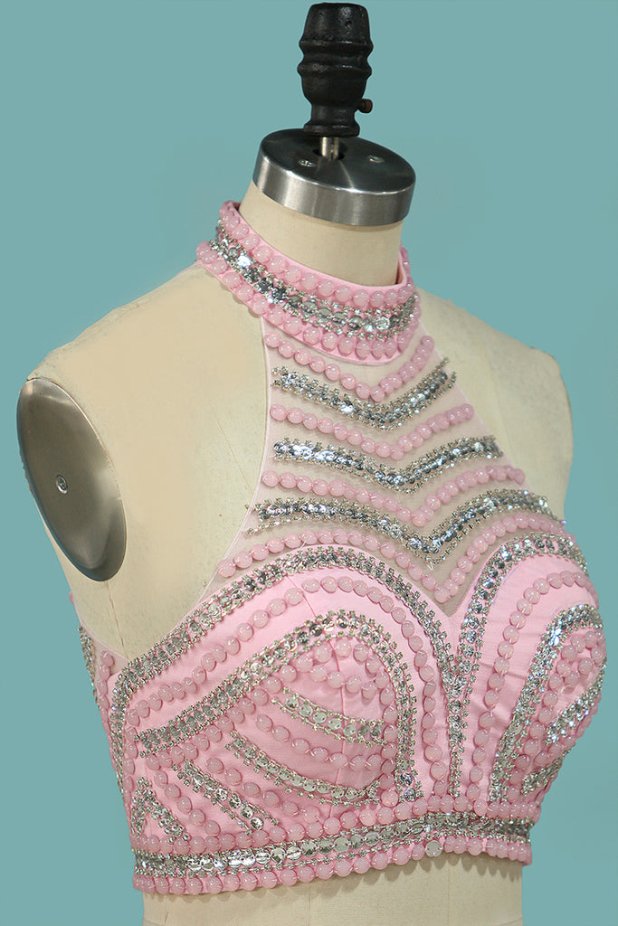 2024 Robes de bal à deux pièces Mermaid Spandex Blouse à perles à col haut
