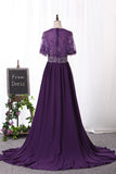2024 A Line V Neck Chiffon &amp; Lace With Beads And Slit Robes de bal