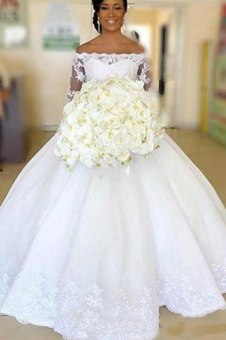 Princesse longue épaule dénudée robe de mariée blanche avec appliques