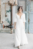 Une ligne simple robes de mariée en mousseline de soie ivoire col en V, demi manches longues robes de mariée